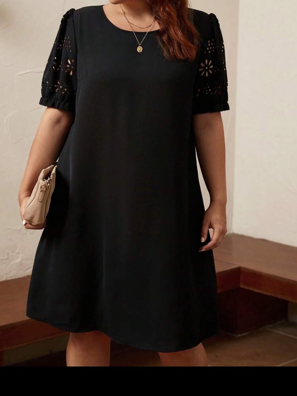 Black A-Line Short Sleeve Dress with Eyelet Sleeves